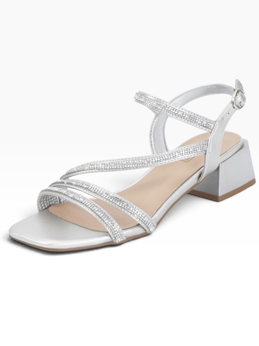 NWT Silver Rhinestone Strappy Low Block Heel Sandals